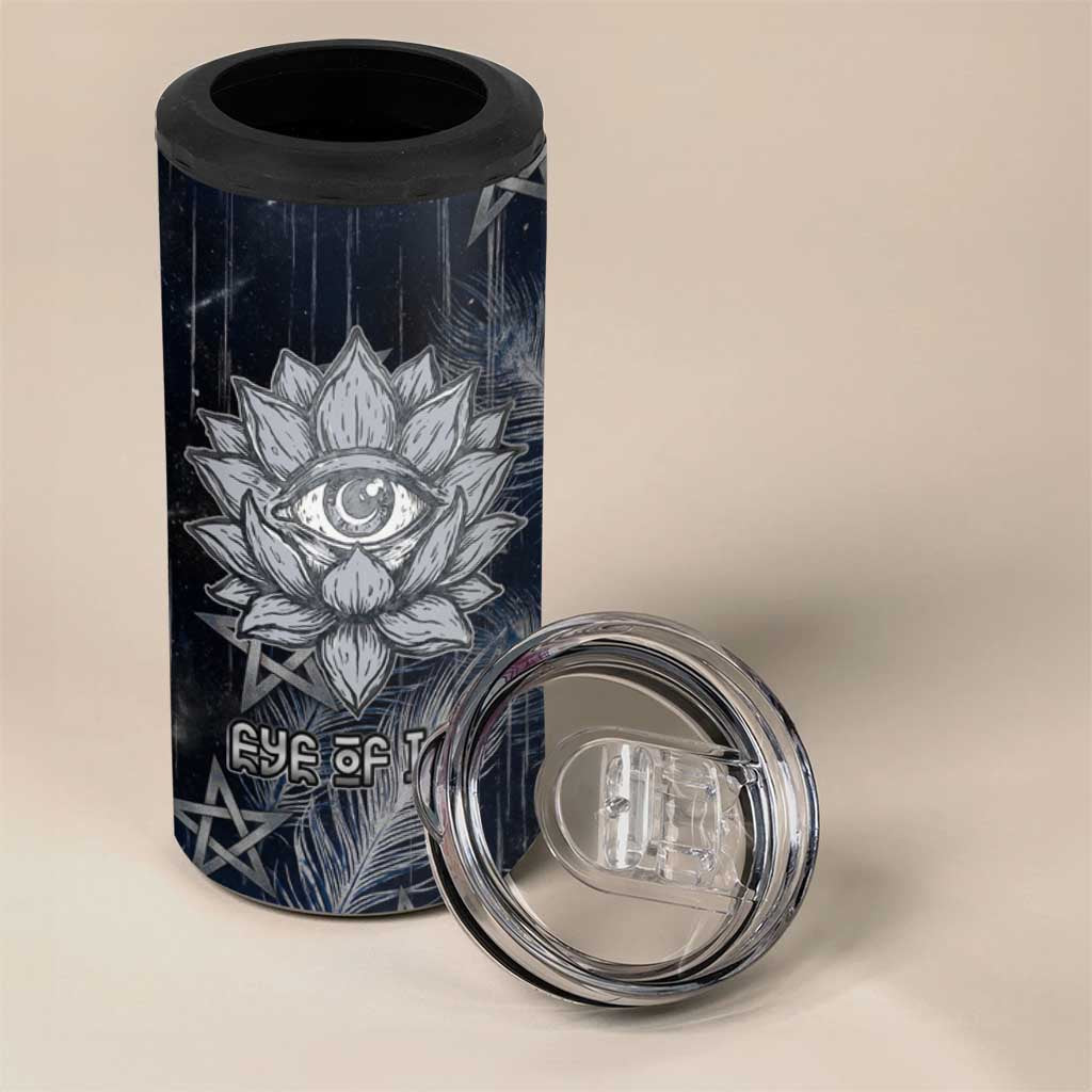 Khonsu 4 in 1 Can Cooler Tumbler Ancient Egyptian Dark Feather Pattern, Moonlit Raven Symbol, and Eye Lotus - Wonder Print Shop