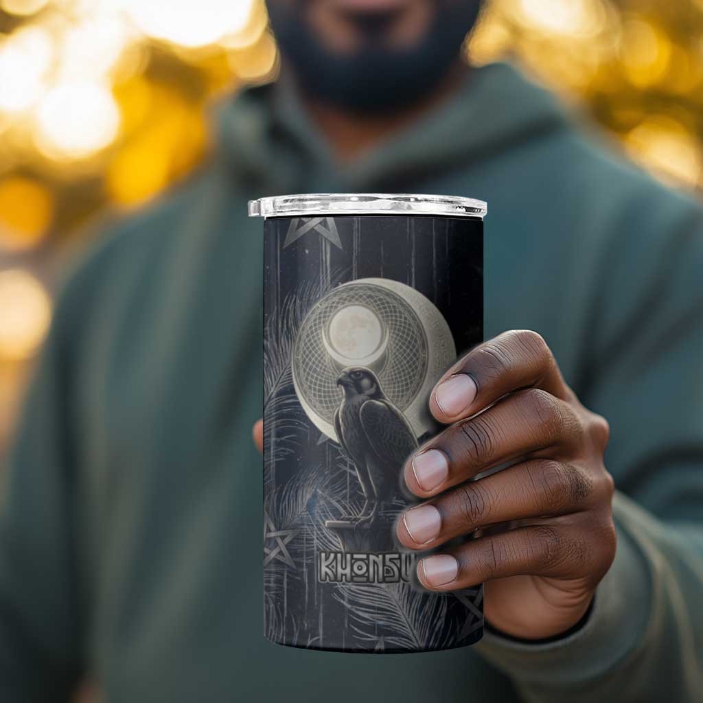 Khonsu 4 in 1 Can Cooler Tumbler Ancient Egyptian Dark Feather Pattern, Moonlit Raven Symbol, and Eye Lotus - Wonder Print Shop