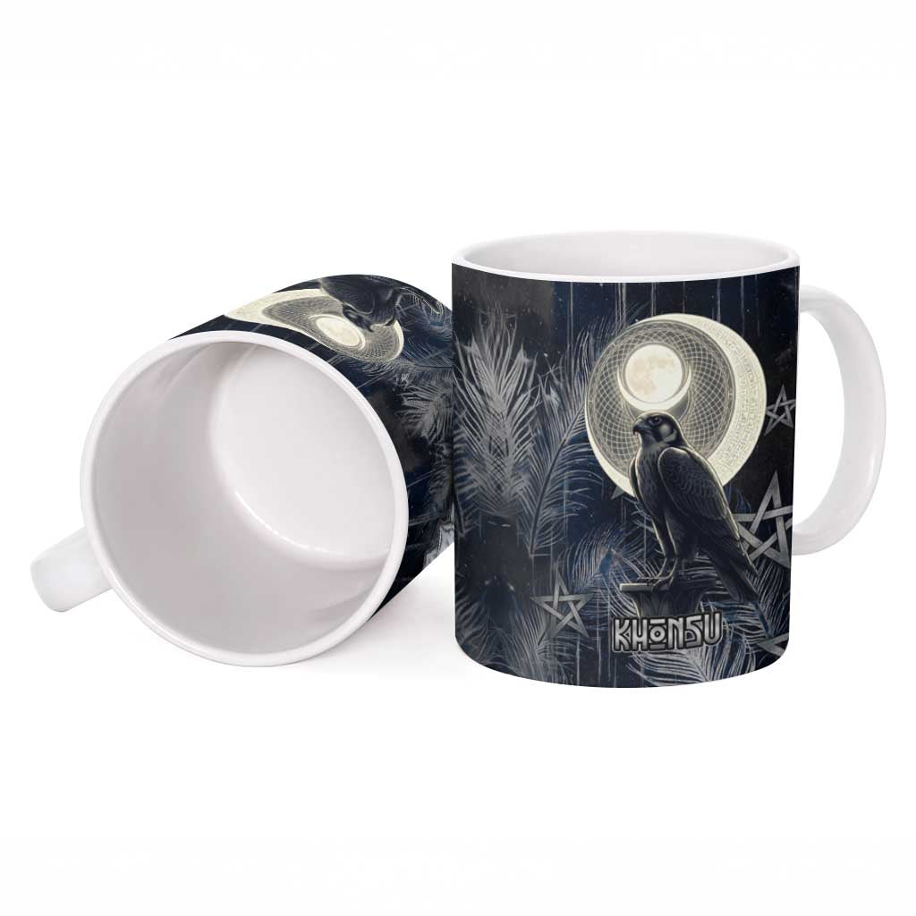 Khonsu Ceramic Mug Ancient Egyptian Dark Feather Pattern, Moonlit Raven Symbol, and Eye Lotus - Wonder Print Shop