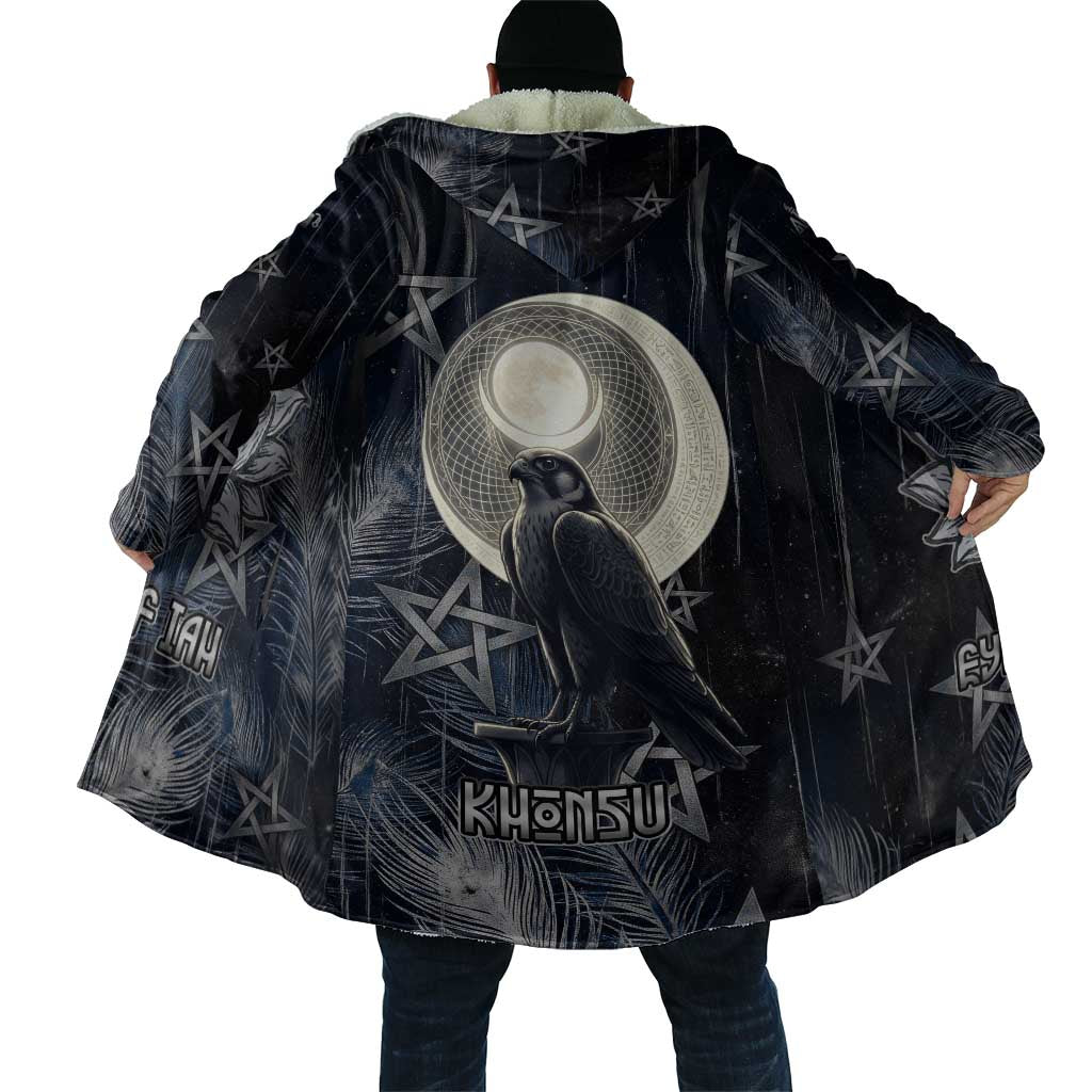 Khonsu Cloak Ancient Egyptian Dark Feather Pattern, Moonlit Raven Symbol, and Eye Lotus - Wonder Print Shop