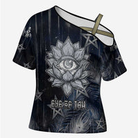 Khonsu Cross Shoulder Shirt Ancient Egyptian Dark Feather Pattern, Moonlit Raven Symbol, and Eye Lotus - Wonder Print Shop