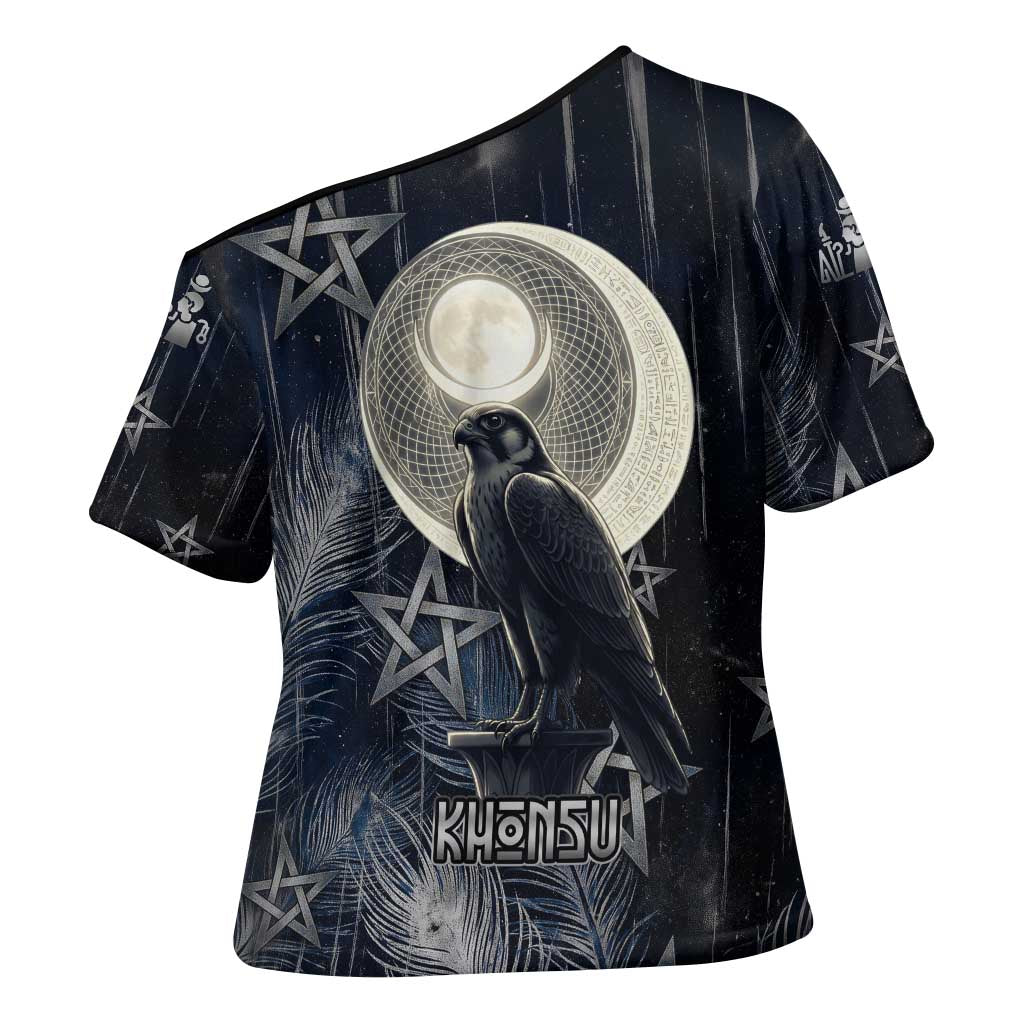 Khonsu Cross Shoulder Shirt Ancient Egyptian Dark Feather Pattern, Moonlit Raven Symbol, and Eye Lotus - Wonder Print Shop