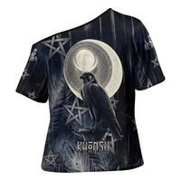 Khonsu Cross Shoulder Shirt Ancient Egyptian Dark Feather Pattern, Moonlit Raven Symbol, and Eye Lotus - Wonder Print Shop