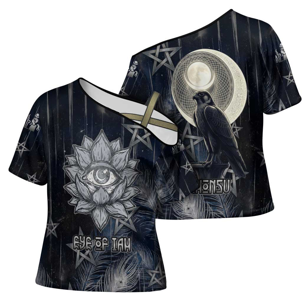 Khonsu Cross Shoulder Shirt Ancient Egyptian Dark Feather Pattern, Moonlit Raven Symbol, and Eye Lotus - Wonder Print Shop
