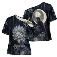 Khonsu Cross Shoulder Shirt Ancient Egyptian Dark Feather Pattern, Moonlit Raven Symbol, and Eye Lotus - Wonder Print Shop
