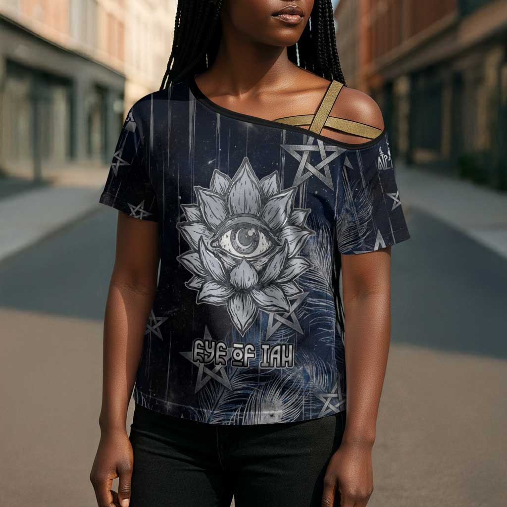 Khonsu Cross Shoulder Shirt Ancient Egyptian Dark Feather Pattern, Moonlit Raven Symbol, and Eye Lotus - Wonder Print Shop