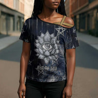 Khonsu Cross Shoulder Shirt Ancient Egyptian Dark Feather Pattern, Moonlit Raven Symbol, and Eye Lotus - Wonder Print Shop
