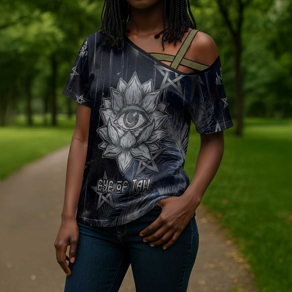 Khonsu Cross Shoulder Shirt Ancient Egyptian Dark Feather Pattern, Moonlit Raven Symbol, and Eye Lotus - Wonder Print Shop