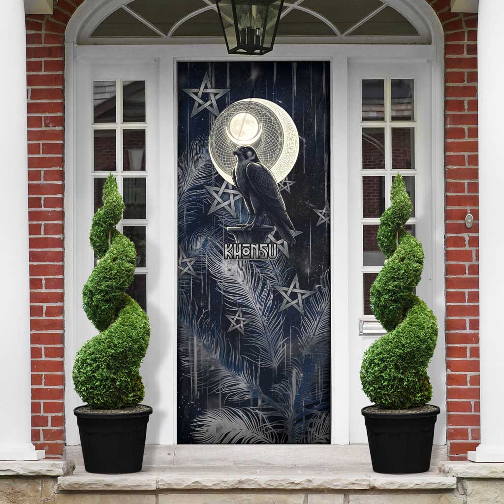 Khonsu Door Cover Ancient Egyptian Dark Feather Pattern, Moonlit Raven Symbol, and Eye Lotus - Wonder Print Shop