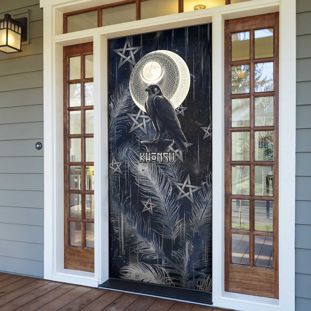 Khonsu Door Cover Ancient Egyptian Dark Feather Pattern, Moonlit Raven Symbol, and Eye Lotus - Wonder Print Shop