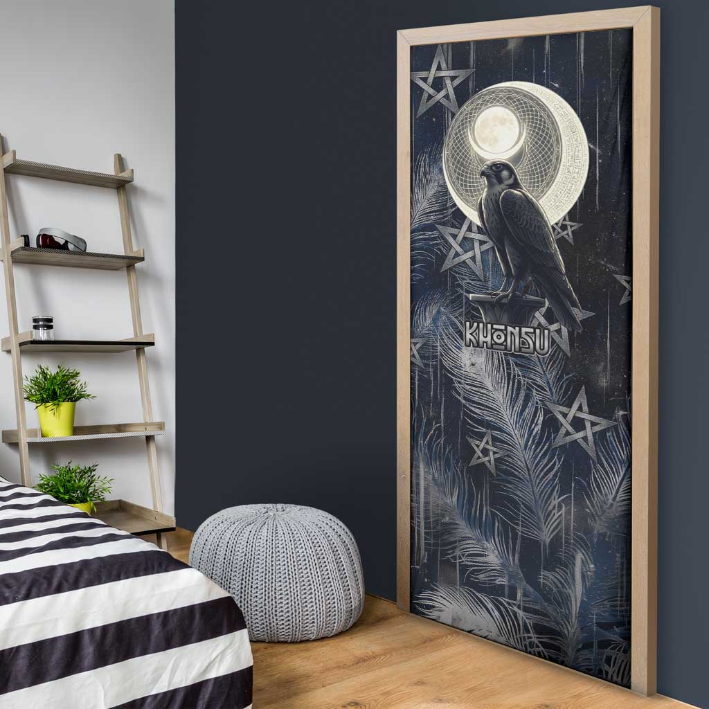 Khonsu Door Cover Ancient Egyptian Dark Feather Pattern, Moonlit Raven Symbol, and Eye Lotus - Wonder Print Shop