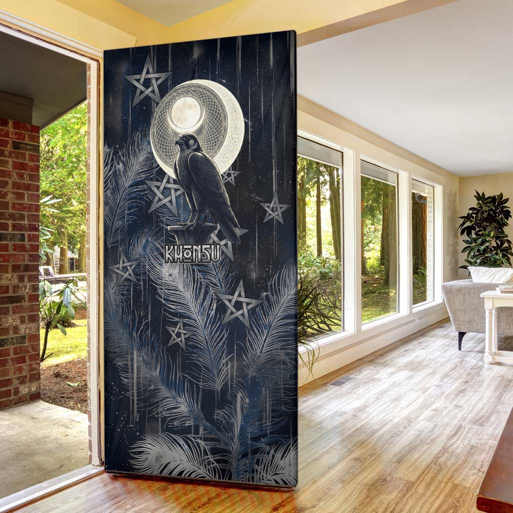 Khonsu Door Cover Ancient Egyptian Dark Feather Pattern, Moonlit Raven Symbol, and Eye Lotus - Wonder Print Shop