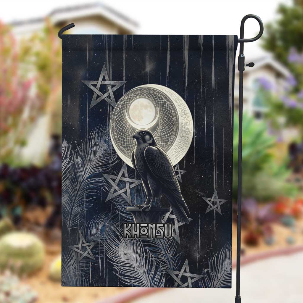 Khonsu Garden Flag Ancient Egyptian Dark Feather Pattern, Moonlit Raven Symbol, and Eye Lotus - Wonder Print Shop