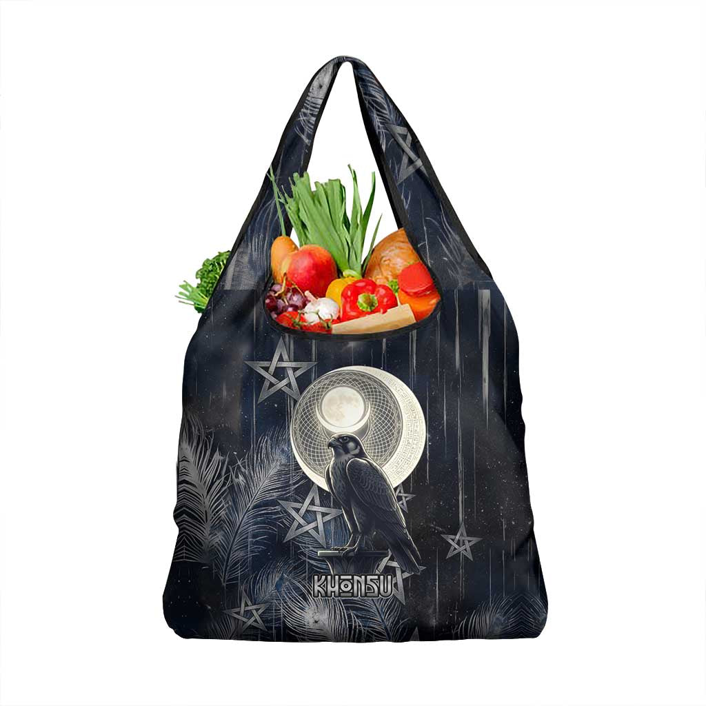 Khonsu Grocery Bag Ancient Egyptian Dark Feather Pattern, Moonlit Raven Symbol, and Eye Lotus - Wonder Print Shop