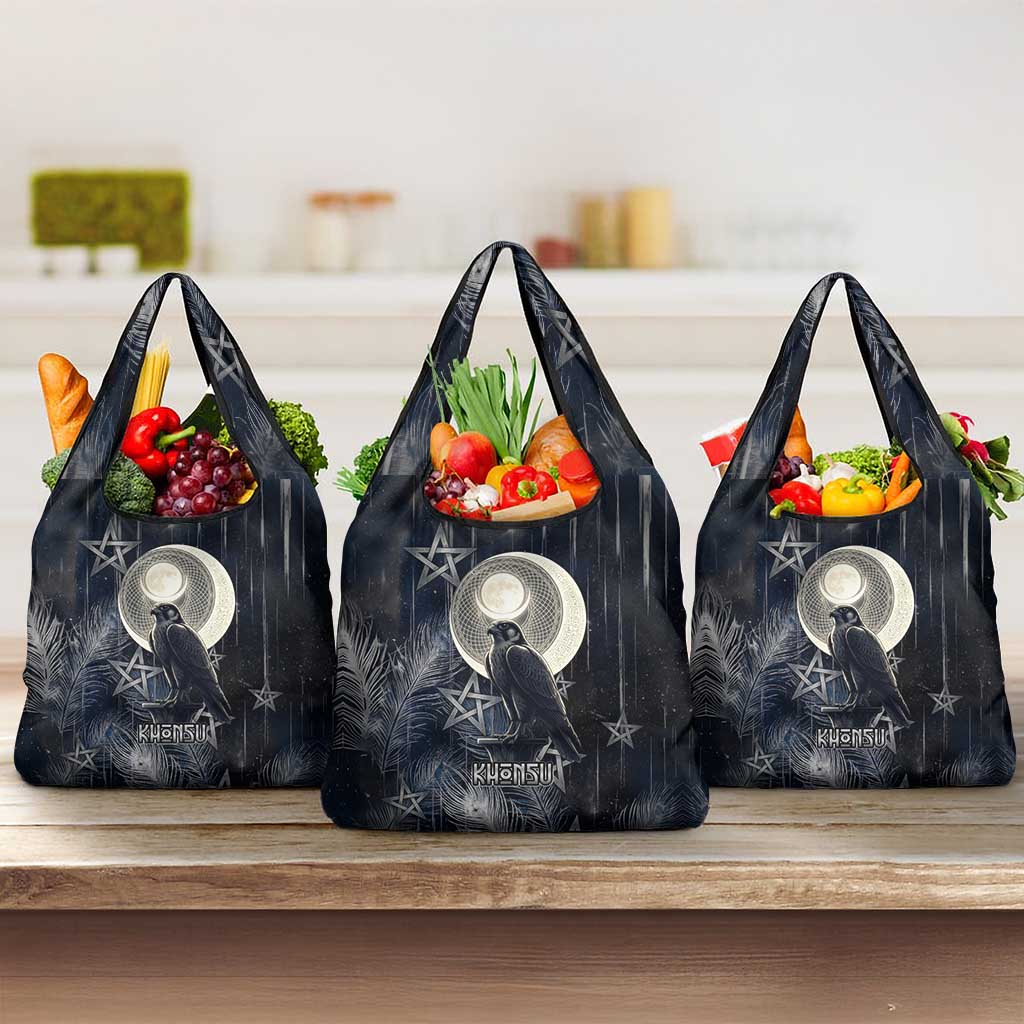 Khonsu Grocery Bag Ancient Egyptian Dark Feather Pattern, Moonlit Raven Symbol, and Eye Lotus - Wonder Print Shop