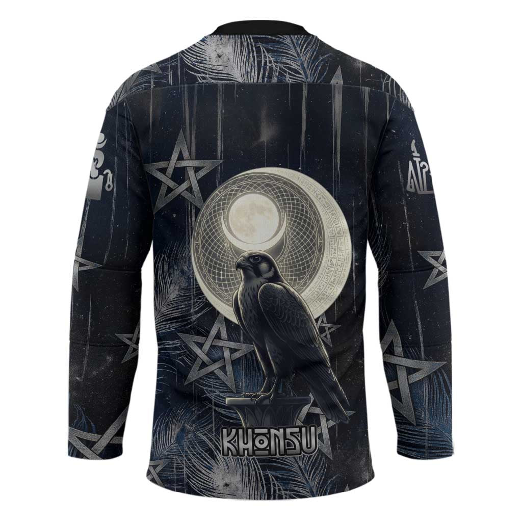 Khonsu Hockey Jersey Ancient Egyptian Dark Feather Pattern, Moonlit Raven Symbol, and Eye Lotus - Wonder Print Shop