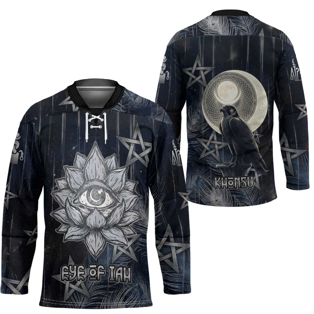 Khonsu Hockey Jersey Ancient Egyptian Dark Feather Pattern, Moonlit Raven Symbol, and Eye Lotus - Wonder Print Shop