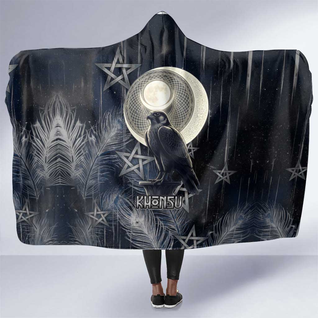 Khonsu Hooded Blanket Ancient Egyptian Dark Feather Pattern, Moonlit Raven Symbol, and Eye Lotus - Wonder Print Shop