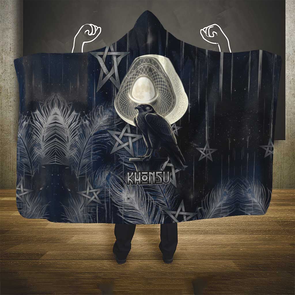 Khonsu Hooded Blanket Ancient Egyptian Dark Feather Pattern, Moonlit Raven Symbol, and Eye Lotus - Wonder Print Shop