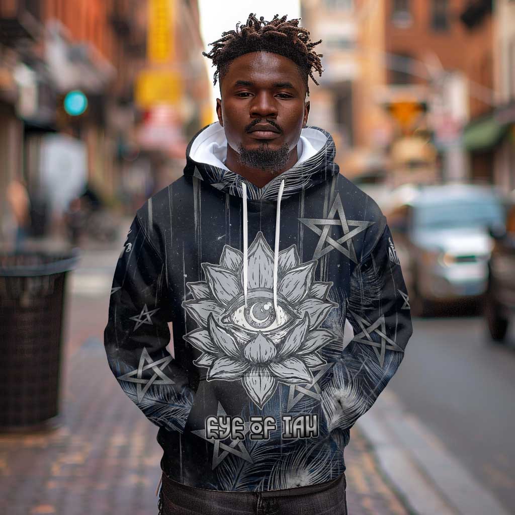Khonsu Hoodie Ancient Egyptian Dark Feather Pattern, Moonlit Raven Symbol, and Eye Lotus - Wonder Print Shop