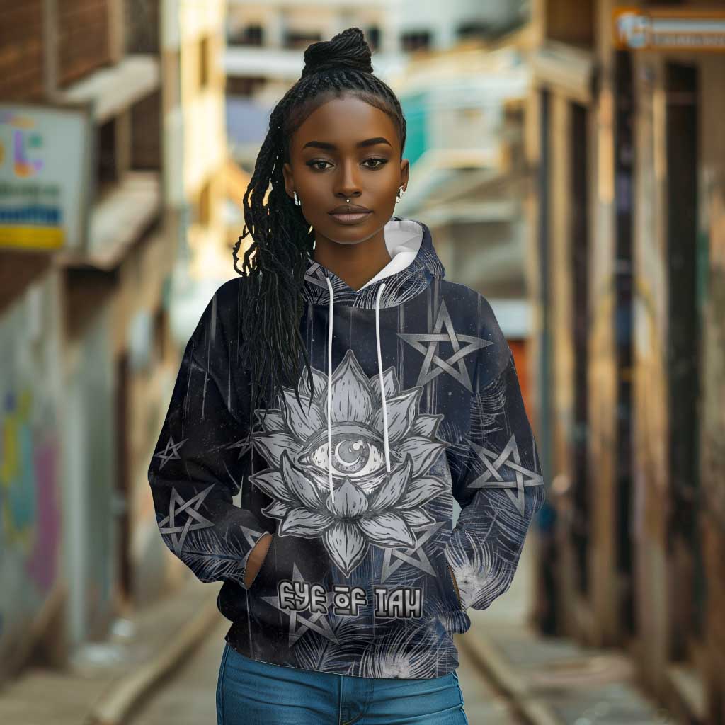 Khonsu Hoodie Ancient Egyptian Dark Feather Pattern, Moonlit Raven Symbol, and Eye Lotus - Wonder Print Shop