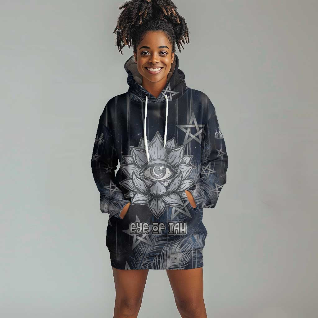 Khonsu Hoodie Dress Ancient Egyptian Dark Feather Pattern, Moonlit Raven Symbol, and Eye Lotus - Wonder Print Shop