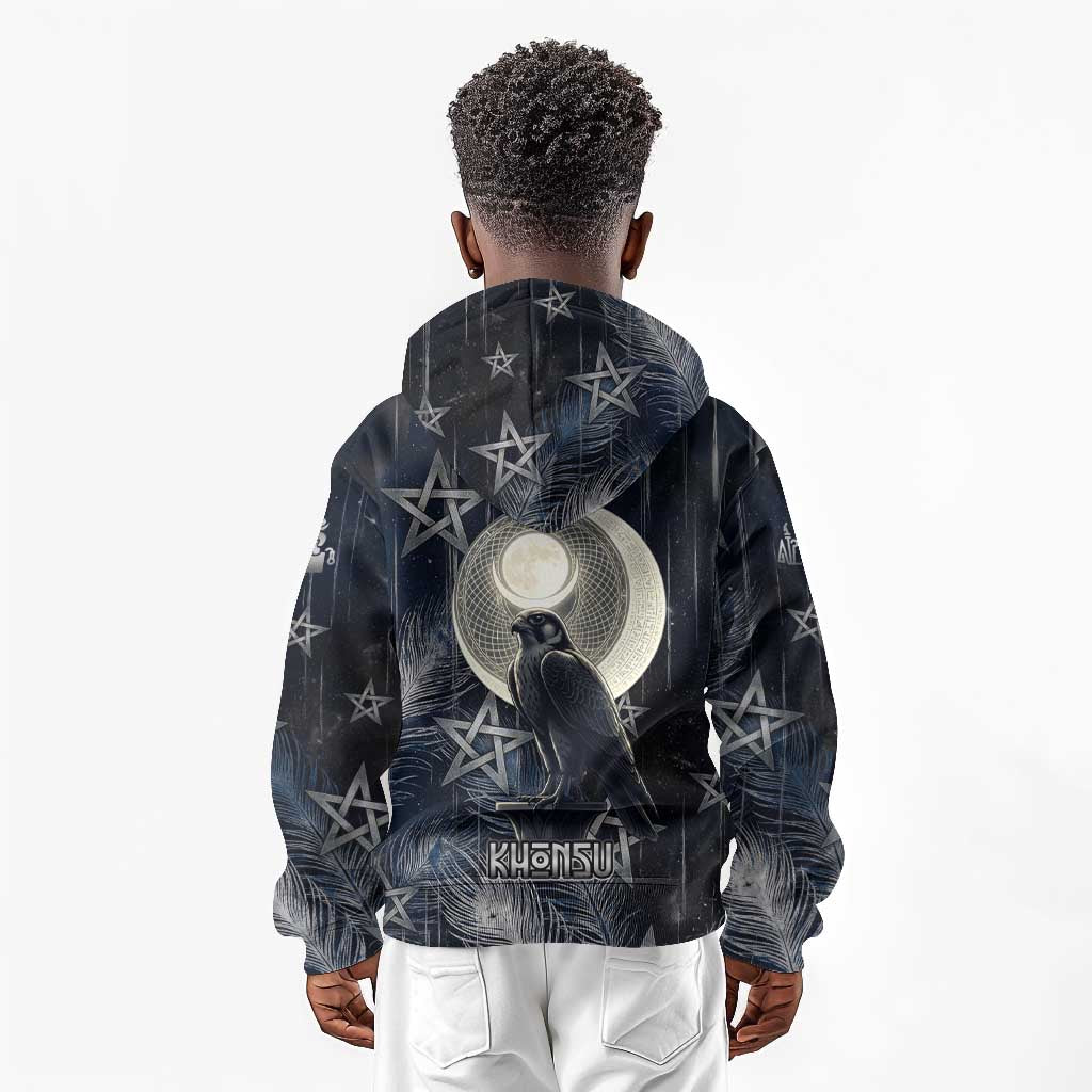 Khonsu Kid Hoodie Ancient Egyptian Dark Feather Pattern, Moonlit Raven Symbol, and Eye Lotus - Wonder Print Shop
