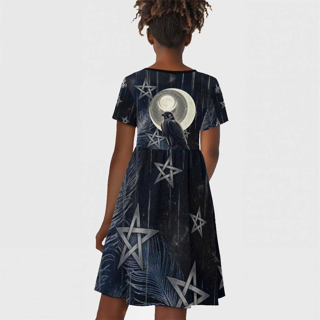 Khonsu Kid Short Sleeve Dress Ancient Egyptian Dark Feather Pattern, Moonlit Raven Symbol, and Eye Lotus - Wonder Print Shop