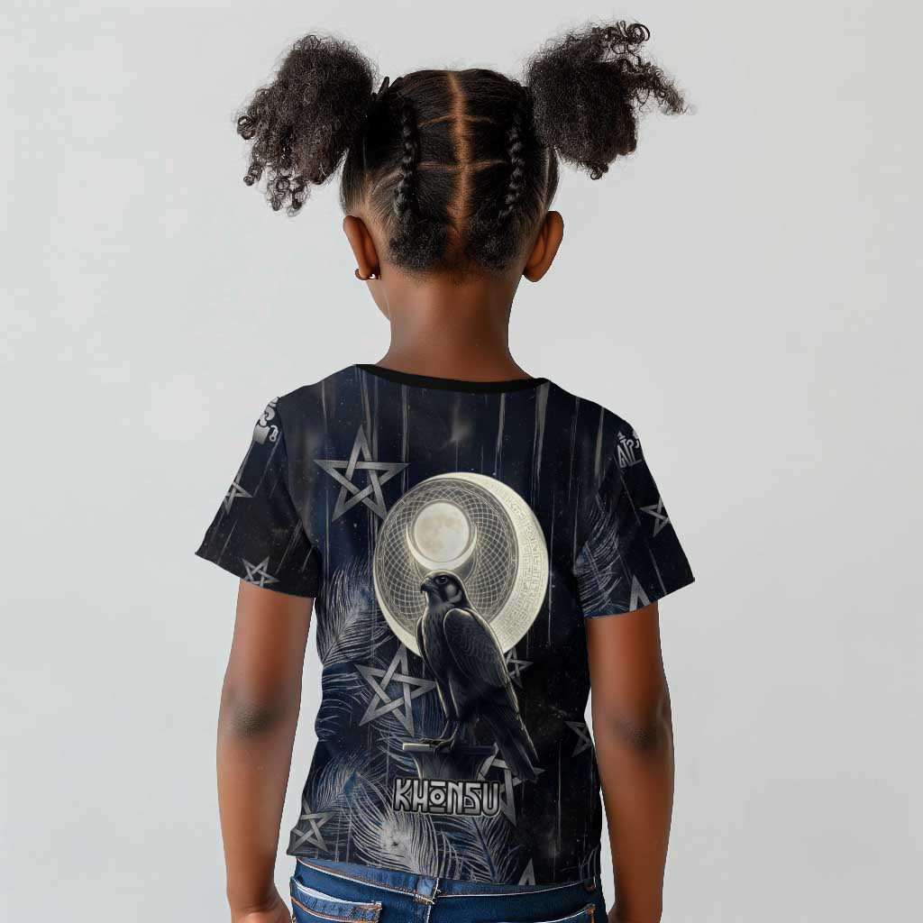 Khonsu Kid T shirt Ancient Egyptian Dark Feather Pattern, Moonlit Raven Symbol, and Eye Lotus - Wonder Print Shop