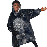 Khonsu Kid Wearable Blanket Hoodie Ancient Egyptian Dark Feather Pattern, Moonlit Raven Symbol, and Eye Lotus - Wonder Print Shop
