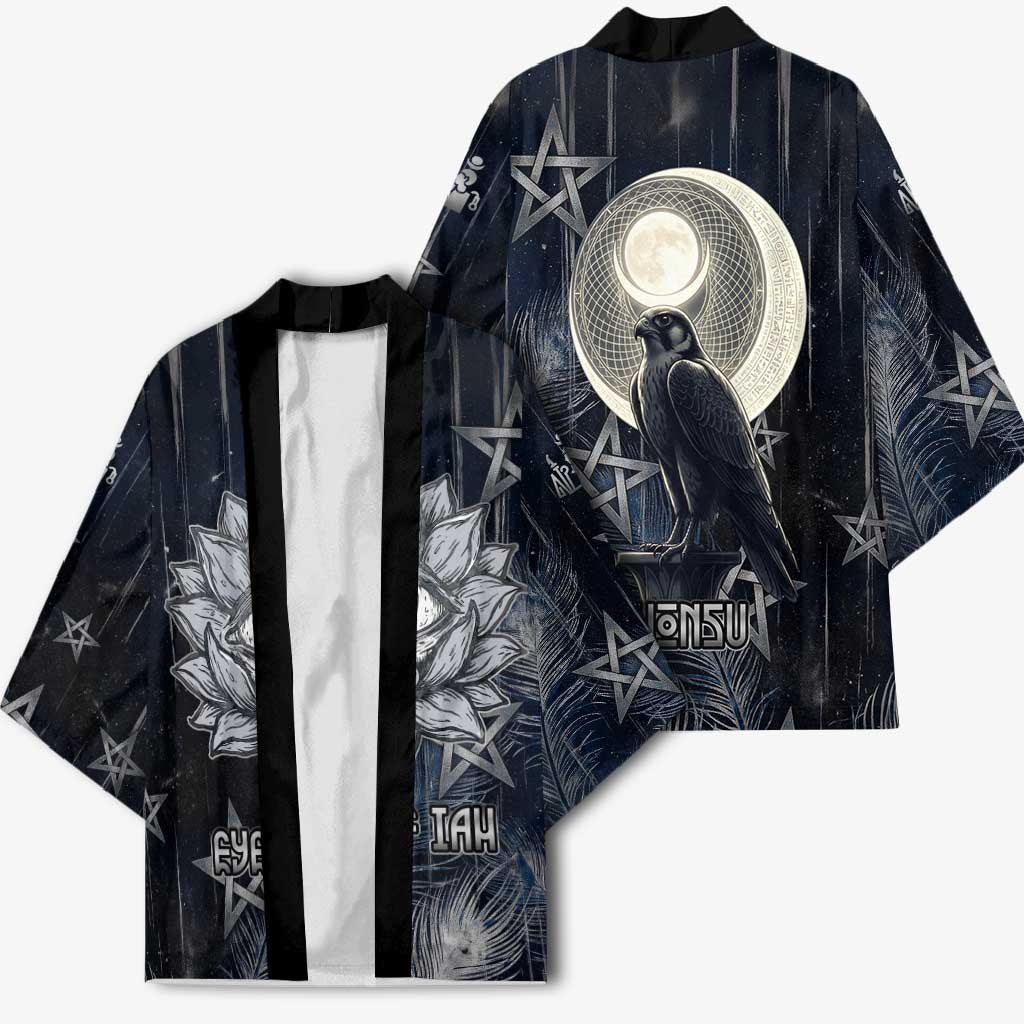 Khonsu Kimono Ancient Egyptian Dark Feather Pattern, Moonlit Raven Symbol, and Eye Lotus - Wonder Print Shop