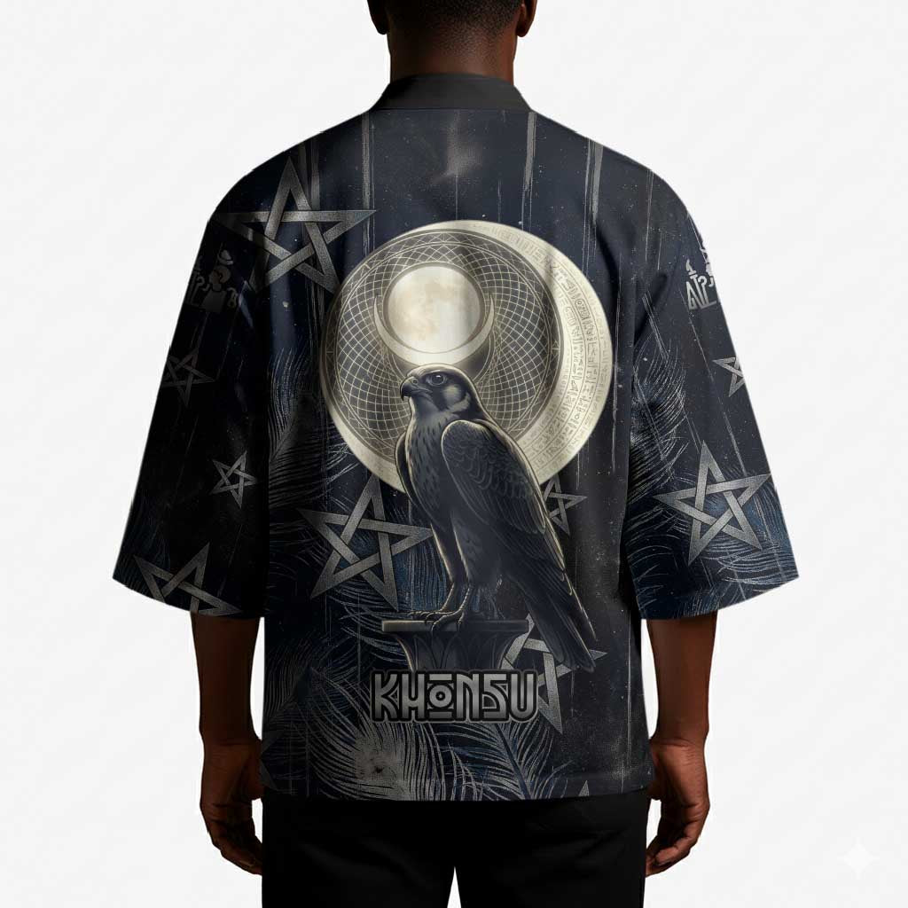 Khonsu Kimono Ancient Egyptian Dark Feather Pattern, Moonlit Raven Symbol, and Eye Lotus - Wonder Print Shop