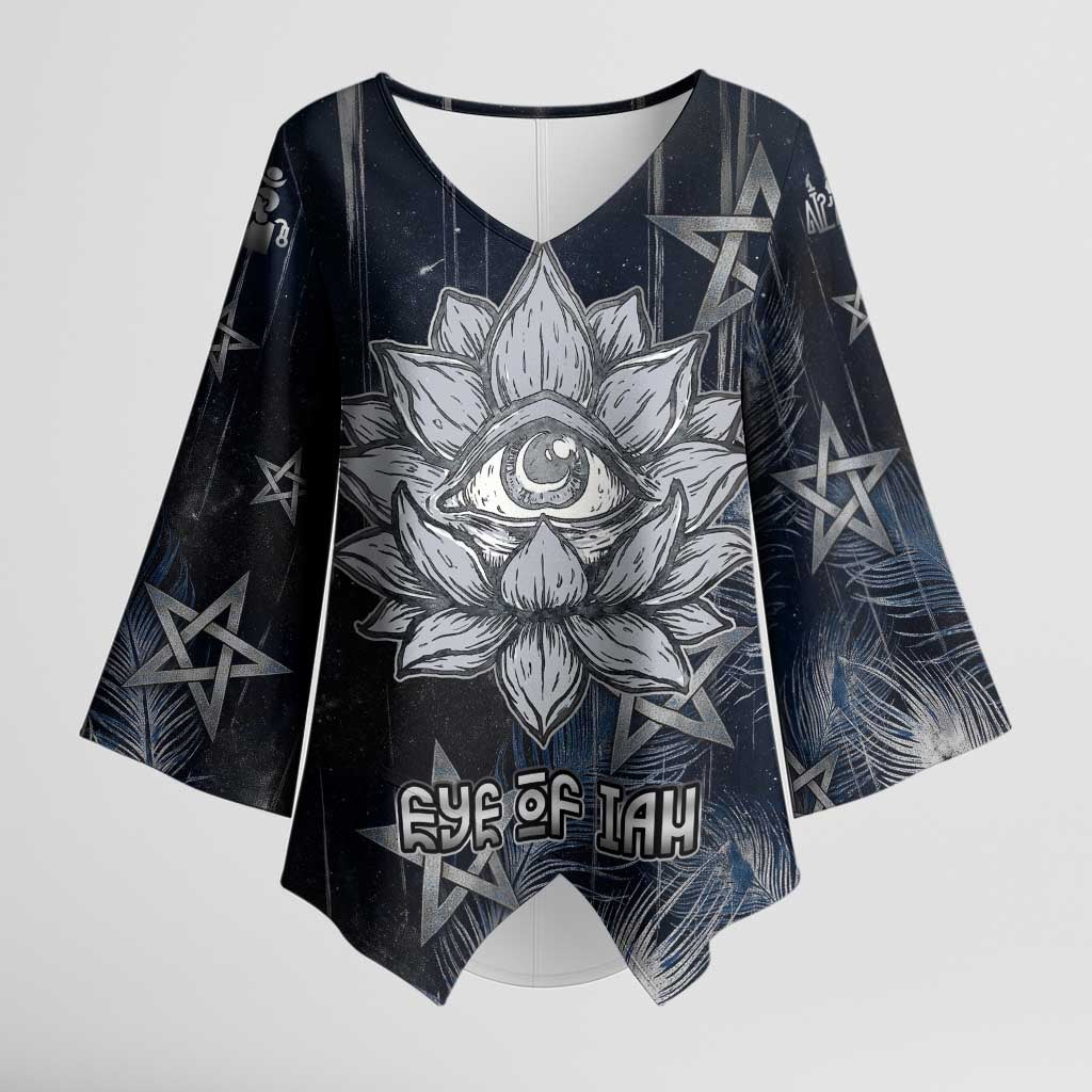 Khonsu Kimono Sleeve Blouse Ancient Egyptian Dark Feather Pattern, Moonlit Raven Symbol, and Eye Lotus - Wonder Print Shop