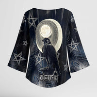 Khonsu Kimono Sleeve Blouse Ancient Egyptian Dark Feather Pattern, Moonlit Raven Symbol, and Eye Lotus - Wonder Print Shop