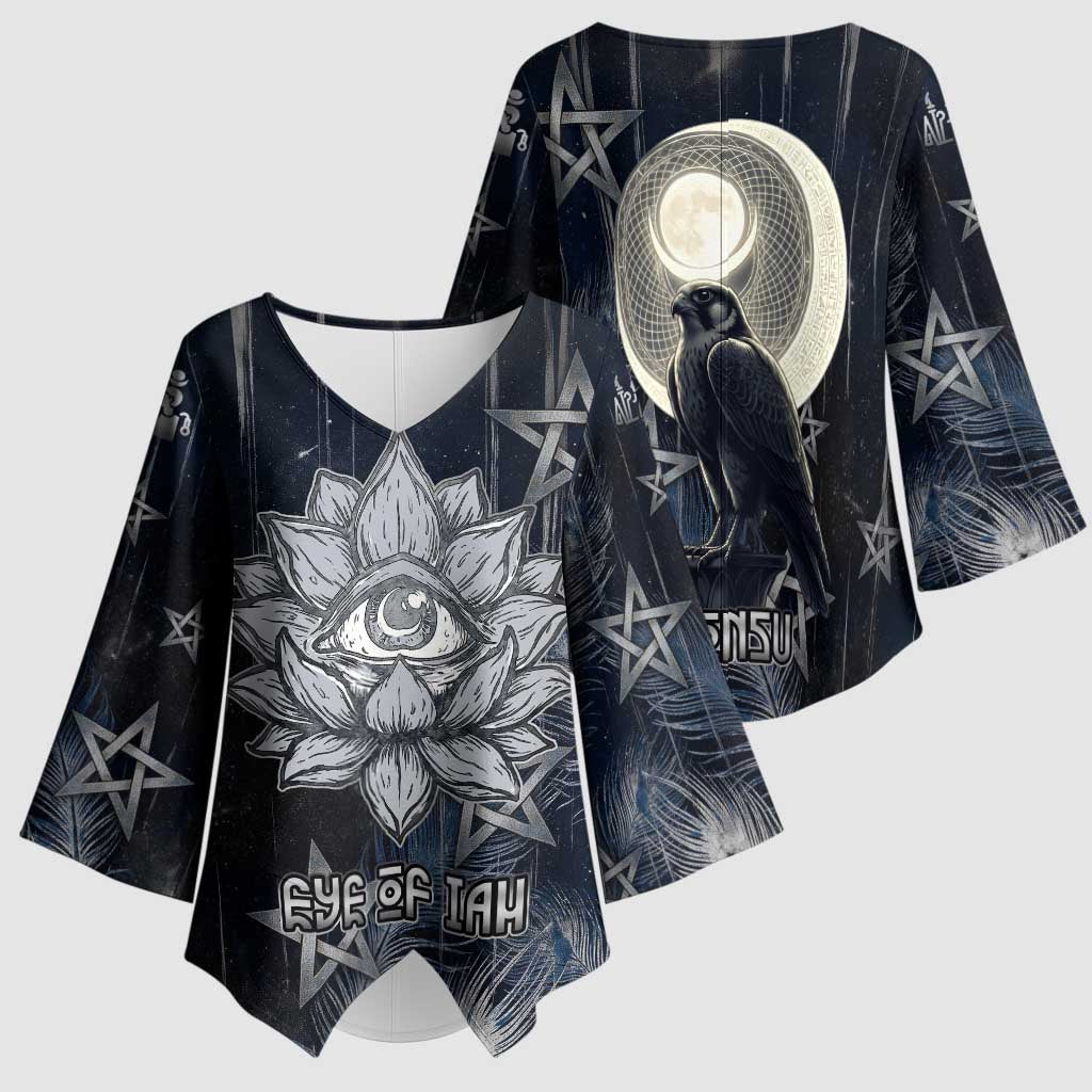 Khonsu Kimono Sleeve Blouse Ancient Egyptian Dark Feather Pattern, Moonlit Raven Symbol, and Eye Lotus - Wonder Print Shop