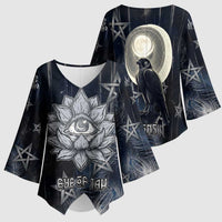 Khonsu Kimono Sleeve Blouse Ancient Egyptian Dark Feather Pattern, Moonlit Raven Symbol, and Eye Lotus - Wonder Print Shop