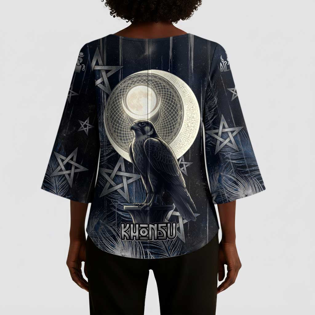 Khonsu Kimono Sleeve Blouse Ancient Egyptian Dark Feather Pattern, Moonlit Raven Symbol, and Eye Lotus - Wonder Print Shop