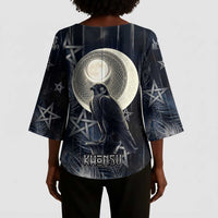 Khonsu Kimono Sleeve Blouse Ancient Egyptian Dark Feather Pattern, Moonlit Raven Symbol, and Eye Lotus - Wonder Print Shop