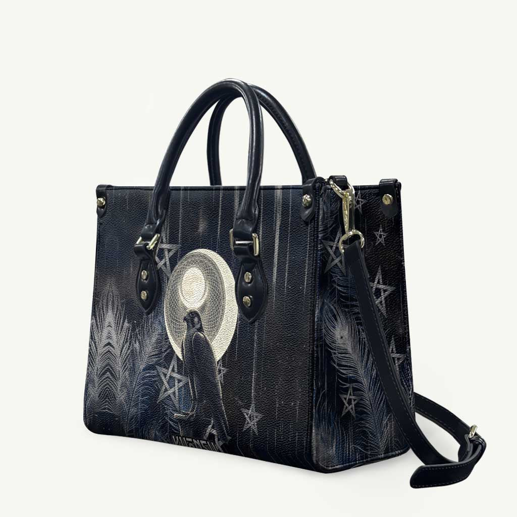 Khonsu Leather Bag Ancient Egyptian Dark Feather Pattern, Moonlit Raven Symbol, and Eye Lotus - Wonder Print Shop