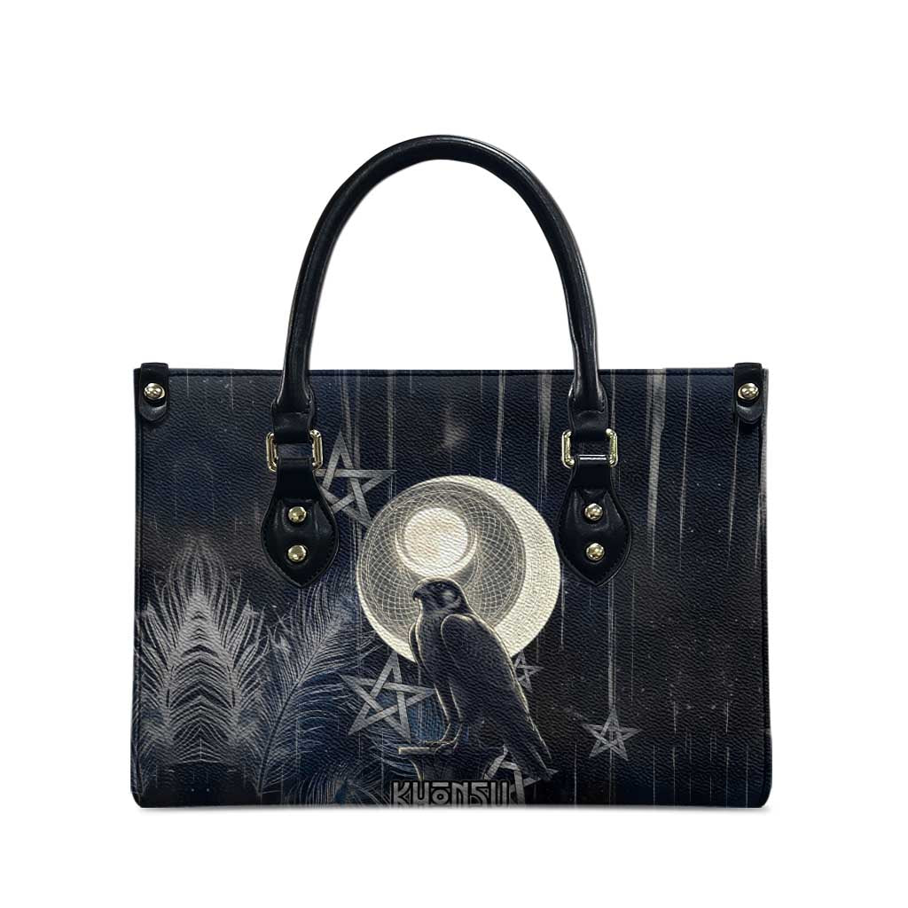 Khonsu Leather Bag Ancient Egyptian Dark Feather Pattern, Moonlit Raven Symbol, and Eye Lotus - Wonder Print Shop