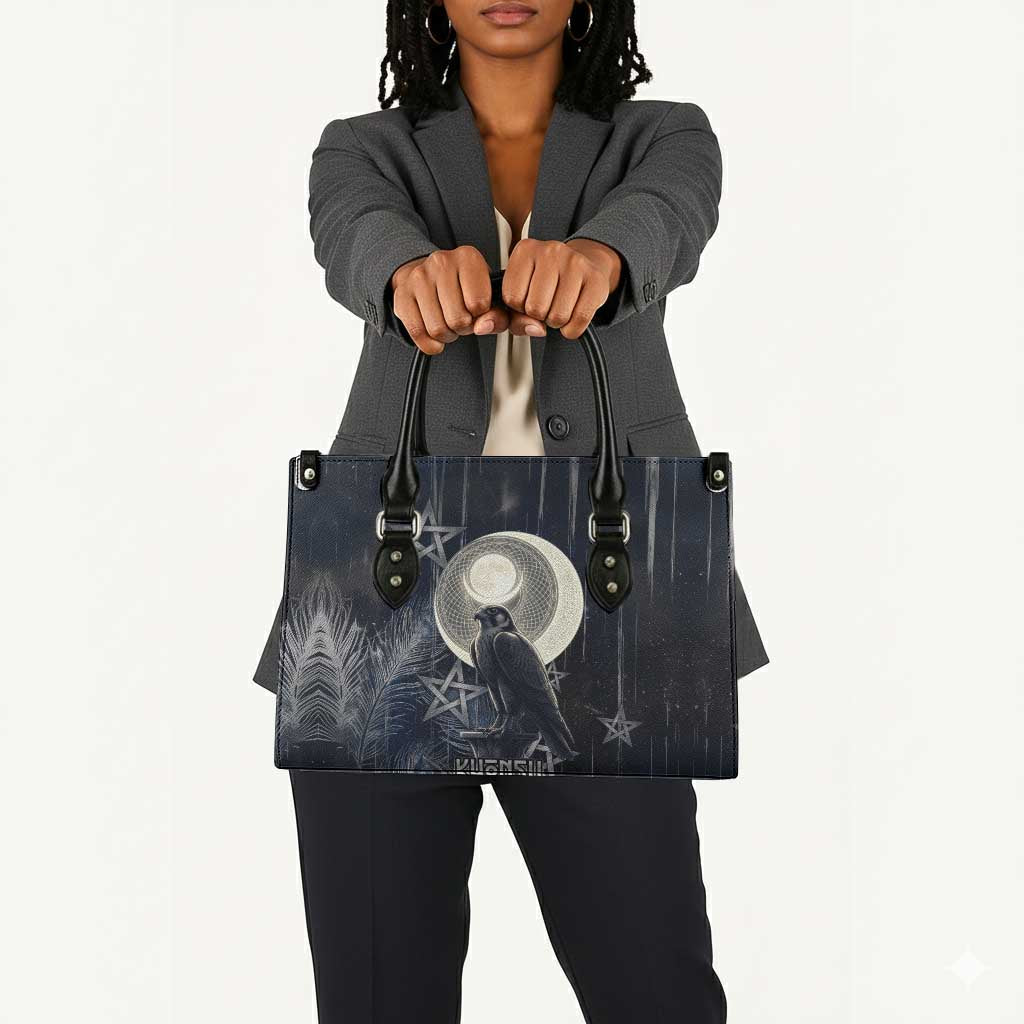 Khonsu Leather Bag Ancient Egyptian Dark Feather Pattern, Moonlit Raven Symbol, and Eye Lotus - Wonder Print Shop