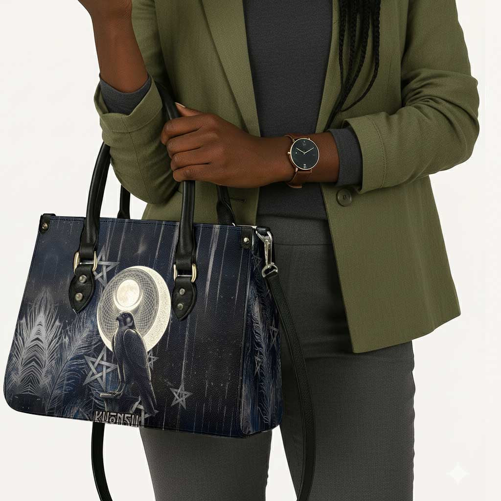 Khonsu Leather Bag Ancient Egyptian Dark Feather Pattern, Moonlit Raven Symbol, and Eye Lotus - Wonder Print Shop