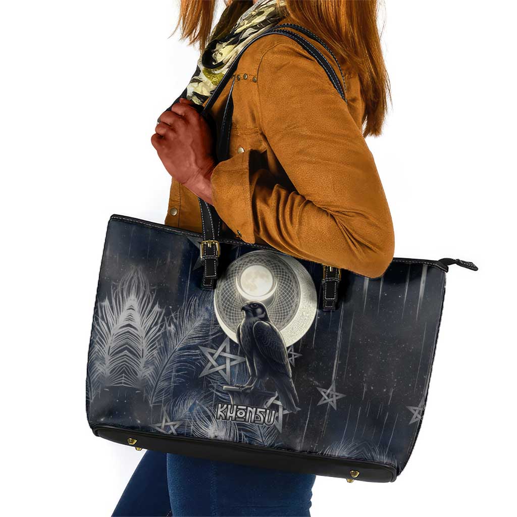 Khonsu Leather Tote Bag Ancient Egyptian Dark Feather Pattern, Moonlit Raven Symbol, and Eye Lotus - Wonder Print Shop