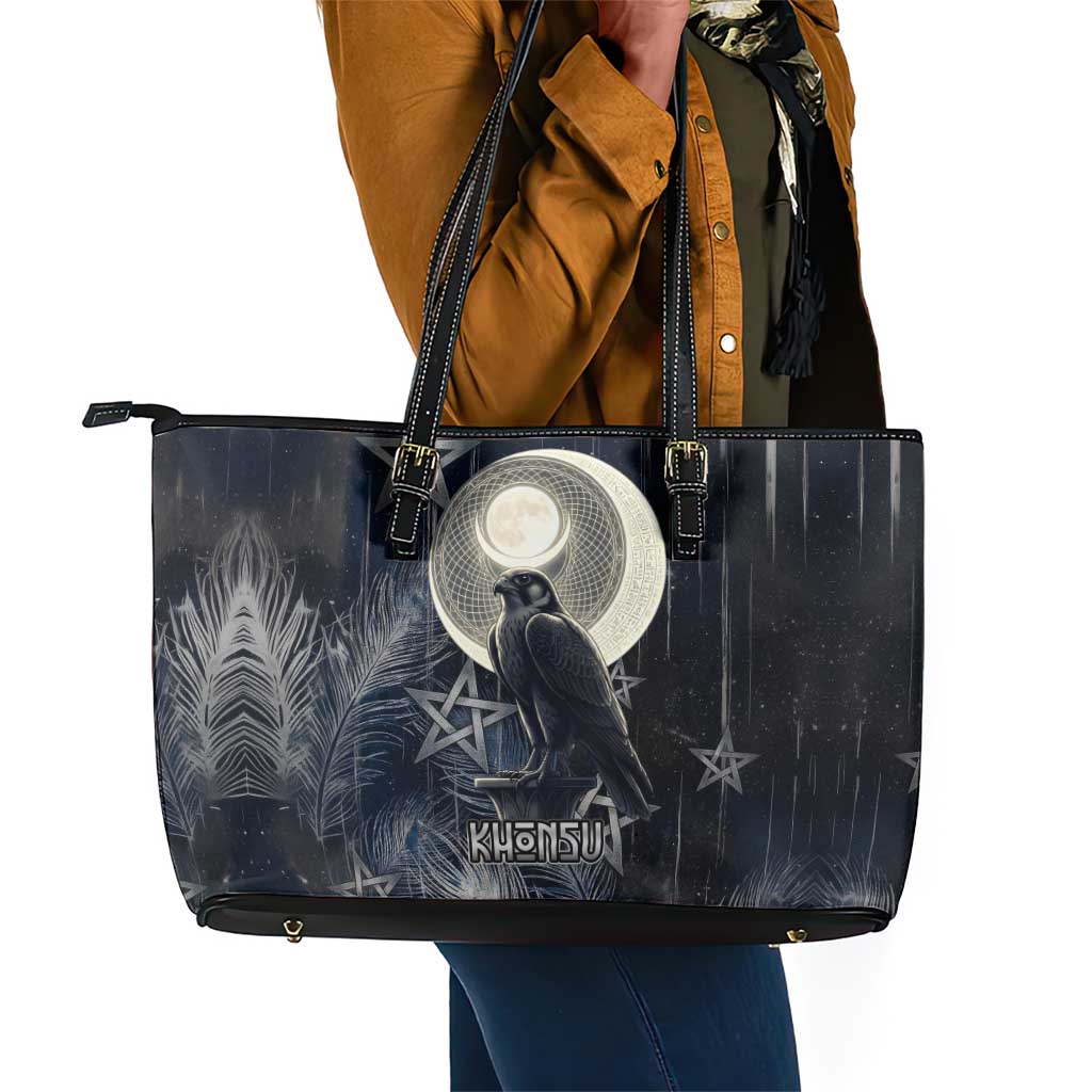 Khonsu Leather Tote Bag Ancient Egyptian Dark Feather Pattern, Moonlit Raven Symbol, and Eye Lotus - Wonder Print Shop