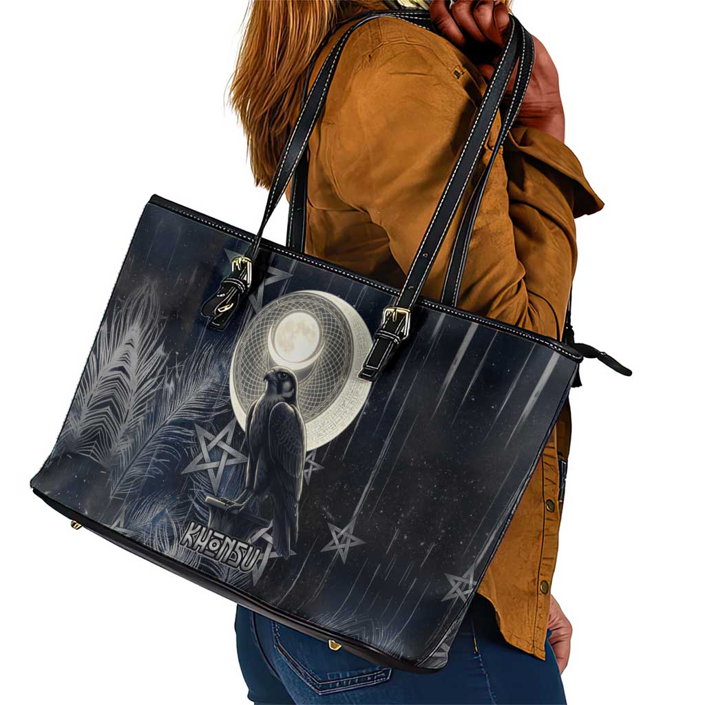 Khonsu Leather Tote Bag Ancient Egyptian Dark Feather Pattern, Moonlit Raven Symbol, and Eye Lotus - Wonder Print Shop