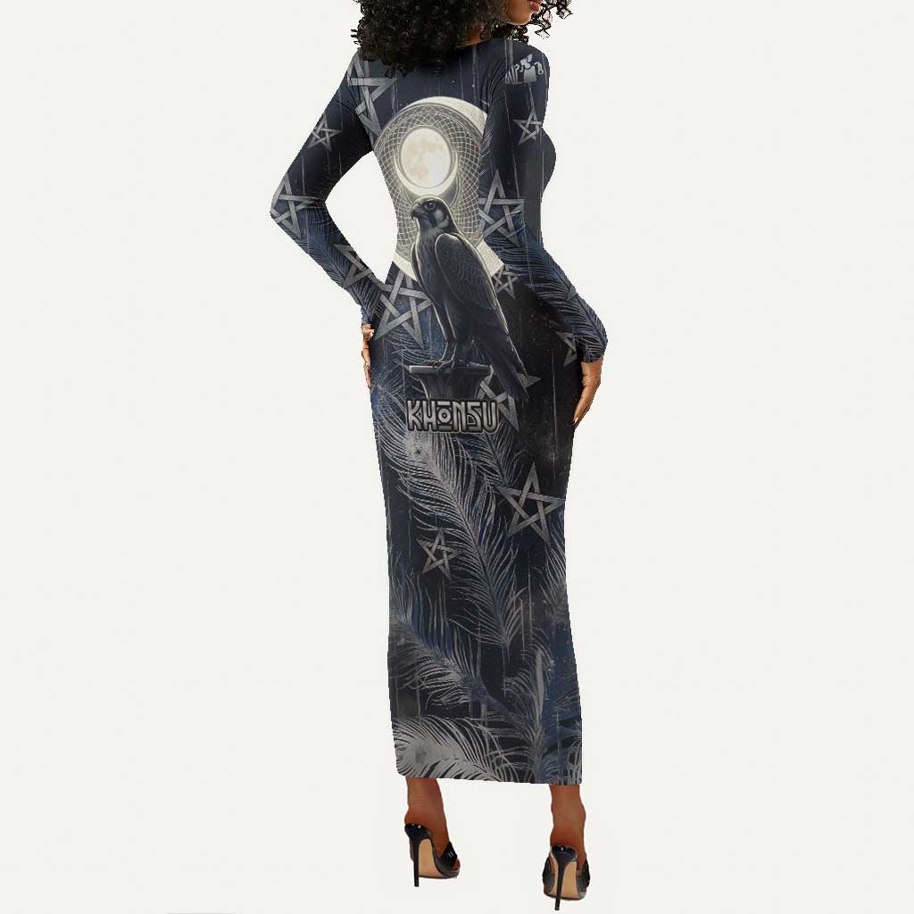 Khonsu Long Sleeve Bodycon Dress Ancient Egyptian Dark Feather Pattern, Moonlit Raven Symbol, and Eye Lotus - Wonder Print Shop