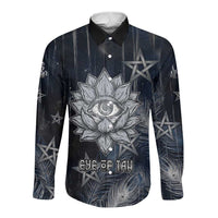 Khonsu Long Sleeve Button Shirt Ancient Egyptian Dark Feather Pattern, Moonlit Raven Symbol, and Eye Lotus - Wonder Print Shop