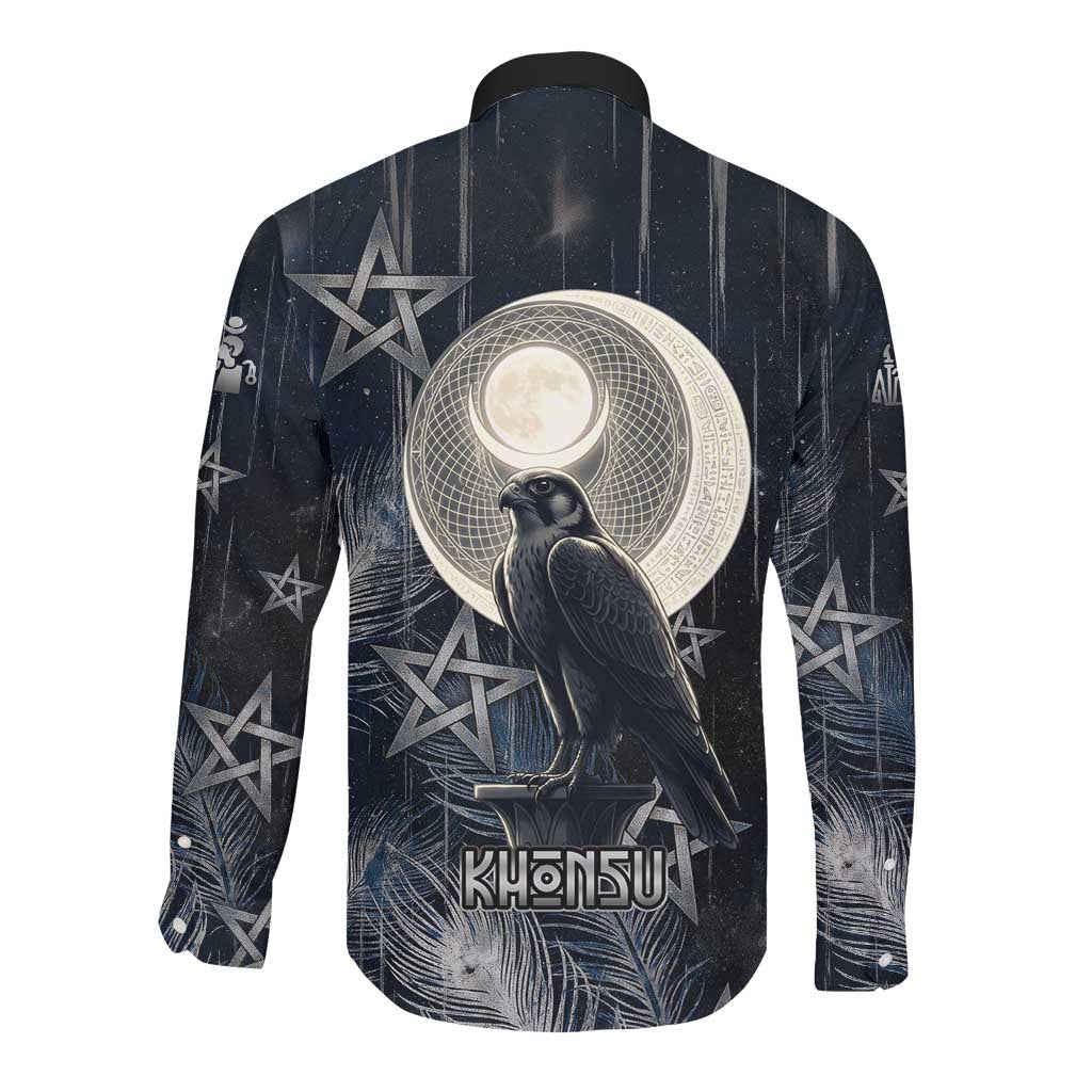 Khonsu Long Sleeve Button Shirt Ancient Egyptian Dark Feather Pattern, Moonlit Raven Symbol, and Eye Lotus - Wonder Print Shop