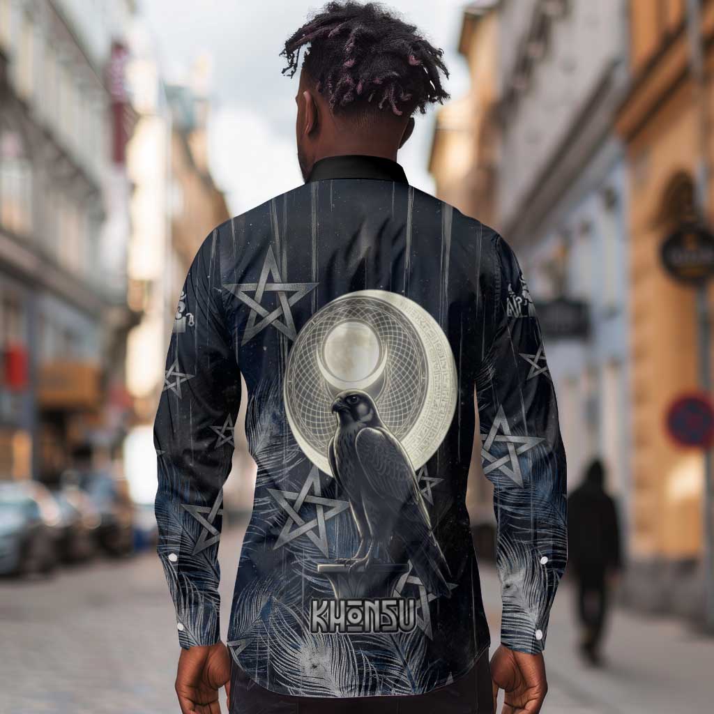 Khonsu Long Sleeve Button Shirt Ancient Egyptian Dark Feather Pattern, Moonlit Raven Symbol, and Eye Lotus - Wonder Print Shop
