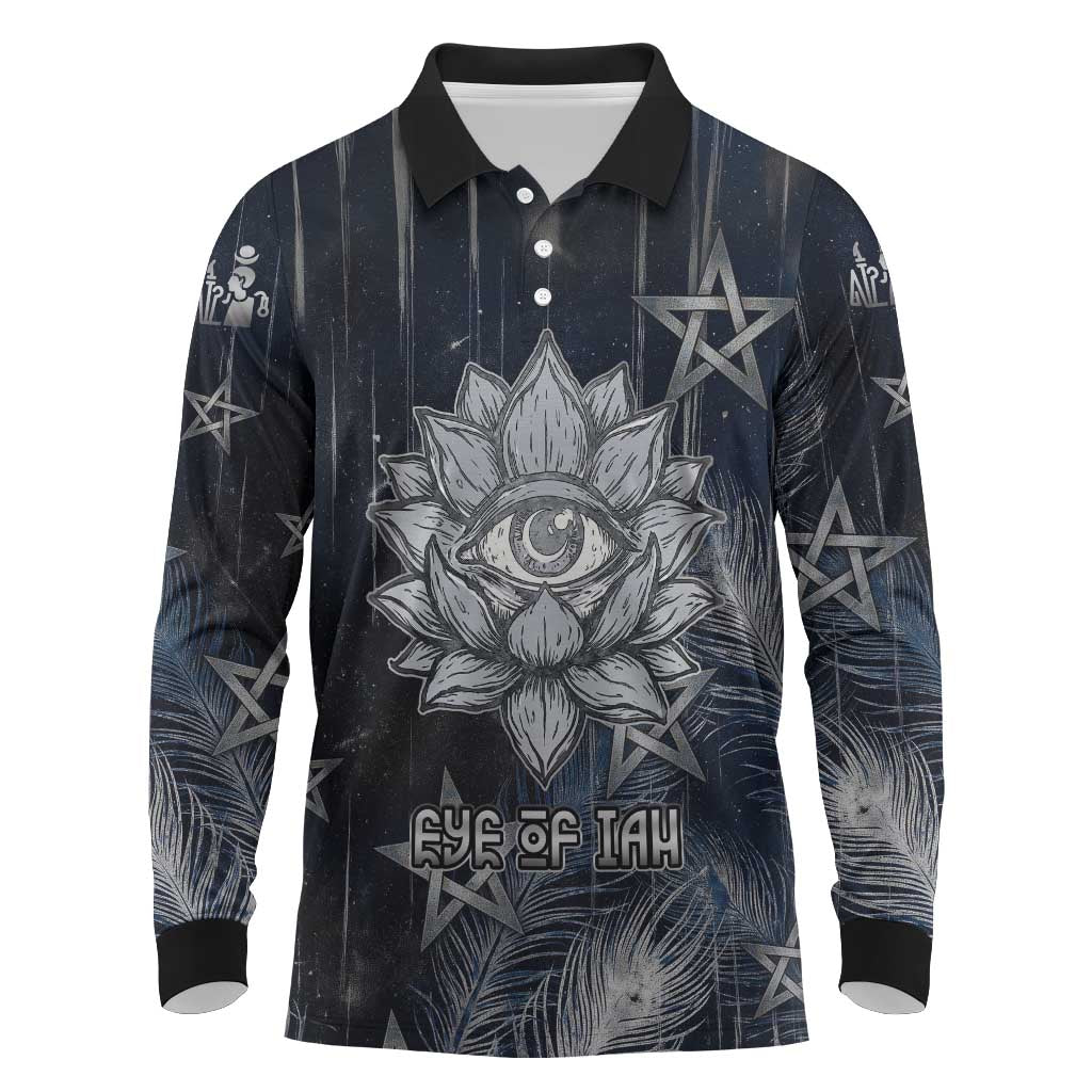 Khonsu Long Sleeve Polo Shirt Ancient Egyptian Dark Feather Pattern, Moonlit Raven Symbol, and Eye Lotus - Wonder Print Shop